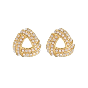 Fashionable triangular gold-plated stainless steel stud earrings with white pearls for women