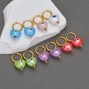 Boucles D'oreilles Créoles Pendentif Coeur Mauvais Oeil Acier Inoxydable Plaqué Or Émail Coloré Bijoux Femmes