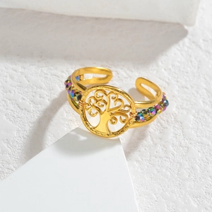 Bague arbre de vie dorée ajustable avec perles irisées aux reflets arc-en-ciel