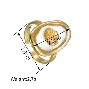 Adjustable golden shell ring with white resin stone and product dimensions display