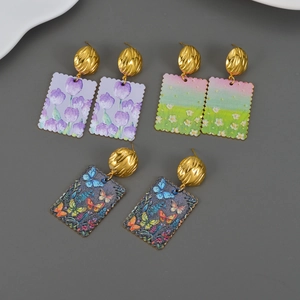 Retro Oil Painting Style Stainless Steel Earrings Colorful Flower Butterfly Print Rectangular Pendant Jewelry For Women
