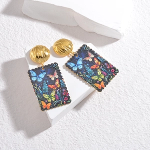 Vintage oil painting style butterfly drop earrings with gold finish and artistic print