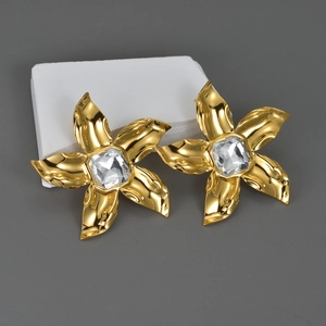 Flower Stud Earrings Stainless Steel Square Zircon Golden Five Petal Statement Elegant Vintage Jewelry For Women