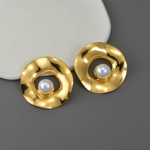 Orecchini Geometrici Irregolari Acciaio Inossidabile Retro Con Perla Artificial Bianca Per Donna Moda Gioielli Oro