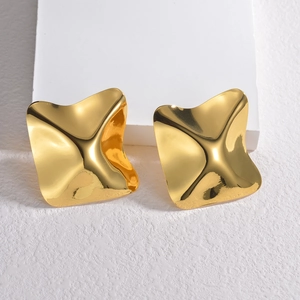 Modern polished gold irregular geometric square stud earrings on a white display