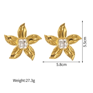 Golden flower zircon earrings in stainless steel with dimensions and weight info