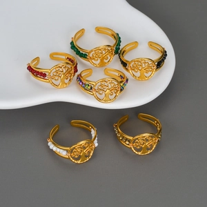Bague Ouverte Arbre De Vie Acier Inoxydable Plaqué Or Ajourée Géométrique Ajustable Avec Perles Colorées Bijoux Bohèmes Femmes