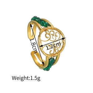 Bague arbre de vie ajustable en acier doré avec perles vertes et design tissé