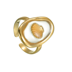 Adjustable gold ocean ring featuring a white oval frame with a 3D seashell relief detail