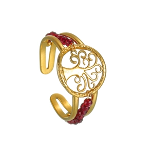 Bague arbre de vie ajustable en acier doré ornée de perles de cristal rouges