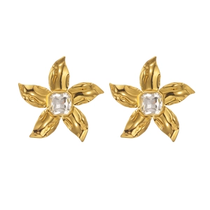 Retro 18K gold plated stainless steel sunflower earrings with square zircon center
