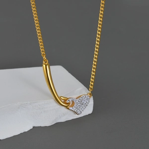Heart Pendant Necklace With Micro Pavé Rhinestone Stainless Steel Gold Plated Clavicle Chain Elegant Gift For Women