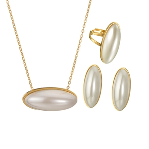 Oval Artificial Pearl Pendant Necklace With Earrings And Adjustable Ring Gold Plated Stainless Steel Minimalist Jewelry Women