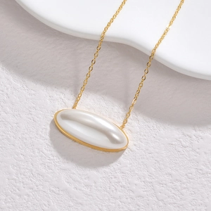 Minimalist double layer gold plated necklace with oval white resin pendant for women
