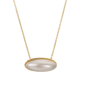 Elegant gold chain necklace with oval white pearl pendant on a clean white background