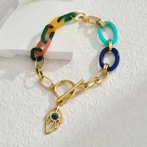 Stainless Steel Bracelet With Multi Color Acrylic Resin Chains Hollow Leaf Pendant Toggle Clasp Bohemian Style For Women