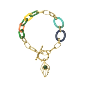 Bohemian gold leaf bracelet with colorful acrylic links and malachite style gemstone inlay