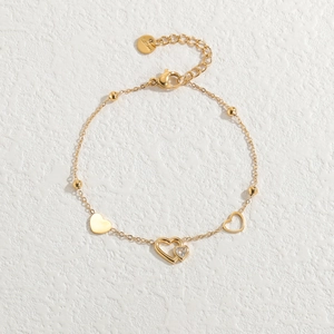 Gold hollow heart stainless steel bracelet with zircon charms and extension chain