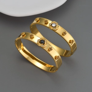 Vintage 18K Gold Plated Stainless Steel Rose Flower Open Bangle For Women Luxury Zirconia Inlaid Adjustable Bangle Elegant Jewelry