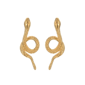 Vintage gold snake stud earrings with realistic scale texture and spiral wrap design