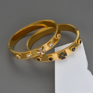 Vintage Stainless Steel Gold Plated Milgrain Edge Heart Star Rhinestone Cuff Bangle Bracelet For Women Trendy Jewelry
