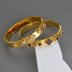 Vintage Stainless Steel Bangle For Women With Clover Heart Star Charms Zircon Inlay Retro Elegant Jewelry Accessory