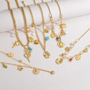 Retro Bohemian Multi Pendant Necklace Stainless Steel Gold Plated Heart Shell Elephant Snake Charms For Women
