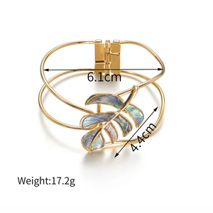 18K gold plated stainless steel open bangle with leaf design and iridescent inlay