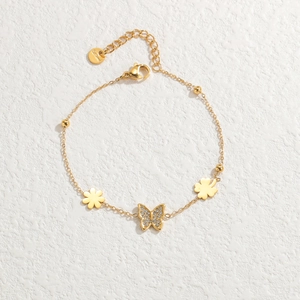 Bracelet chaîne en acier inoxydable doré avec pendentifs papillon et trèfle floral