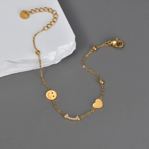 Bracelet À Breloques Visage Souriant Cœur Acier Inoxydable Plaqué Or Barre Zircon Bijoux De Mode Élégant Pour Femmes