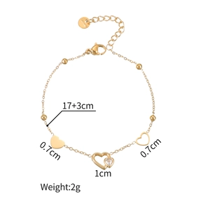 Gold stainless steel hollow heart bracelet with clear zircon and adjustable 17+3cm chain