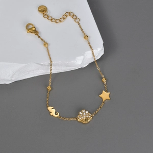 Bracciale In Acciaio Inossidabile Conchiglia Cavalluccio Marino Strass Per Donna Placcato Oro Tema Oceano Gioielli Minimalisti