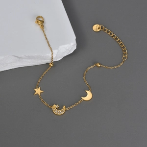 Star Moon Pendant Bracelet Gold Plated Stainless Steel Adjustable Zircon Jewelry For Women