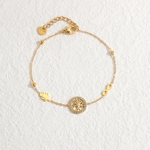 Gold 18K plated stainless steel bracelet with crystal Tree of Life and leaf charms