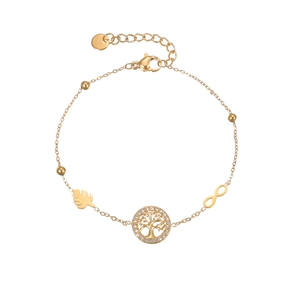 18K gold plated titanium steel bracelet with Tree of Life, infinity charm and crystals
