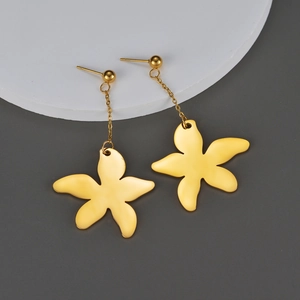 Flower Dangle Earrings Stainless Steel Long Chain Petal Floral Drop Ball Stud Gold Plated Elegant Jewelry Women