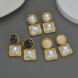Geometric Drop Earrings Stainless Steel Gold Plated Faux Artificial Pearl Marble Resin French Retro Style Women