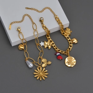 Bracelet À Breloques En Acier Inoxydable Plaqué Or Abeille Fleur Papillon Cœur Künstliche Perle Bijoux Vintage Pour Femme