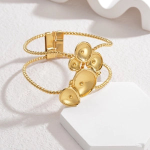 18K gold plated open bangle for women with twisted rope design and spiral disk charms