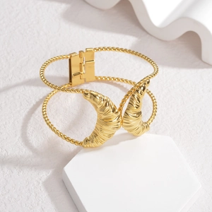 18K gold-plated open cuff bracelet with double-layer twist rope and croissant design