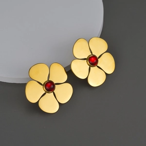 Boucles D Oreilles Fleur Cinq Pétales Or Mat Vintage Acier Inoxydable Perle Rouge Bijoux Mode Élégants Femmes