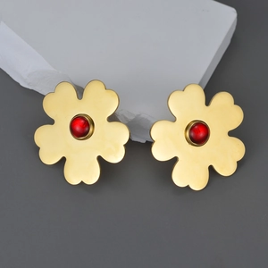 Retro Stainless Steel Flower Stud Earrings For Women With Red Inlaid Gemstone Large Exaggerated Gold Plated Floral Statement Jewelry