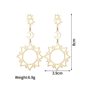Gold hollow star moon sun drop earrings with 8cm length and 3.9cm width measurements