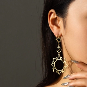 18K gold plated hollow sun moon star dangle earrings in a bohemian long drop design