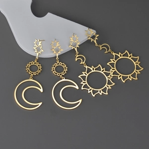 Hollow Out Star Sun Moon Long Drop Earrings 18K Gold Plated Stainless Steel Bohemian Vintage Fashion For Women