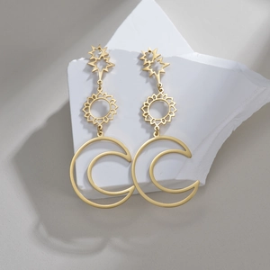 18K gold plated stainless steel long drop earrings featuring sun star and moon charms