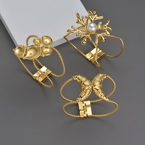 Stainless Steel 18K Gold Plated Cuff Bracelet For Women French Retro Double Twisted Rope Geometric Artificial Pearl Coral Jewelry