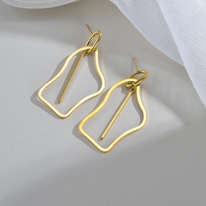 Minimalist irregular hollow geometric gold earrings with vertical drop bar for women