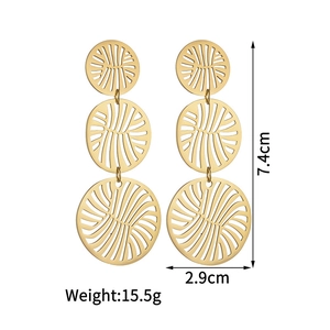 Vintage layered triple round disc drop earrings in 18k gold plated stainless steel