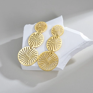 Statement gold layered openwork circle drop earrings in polished stainless steel for women